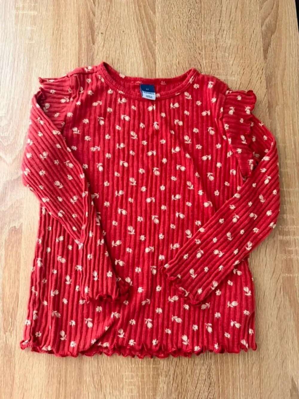 Old Navy Girls Ribbed Floral Long Sleeve Top Red Size 5T Soft Stretch Shirt